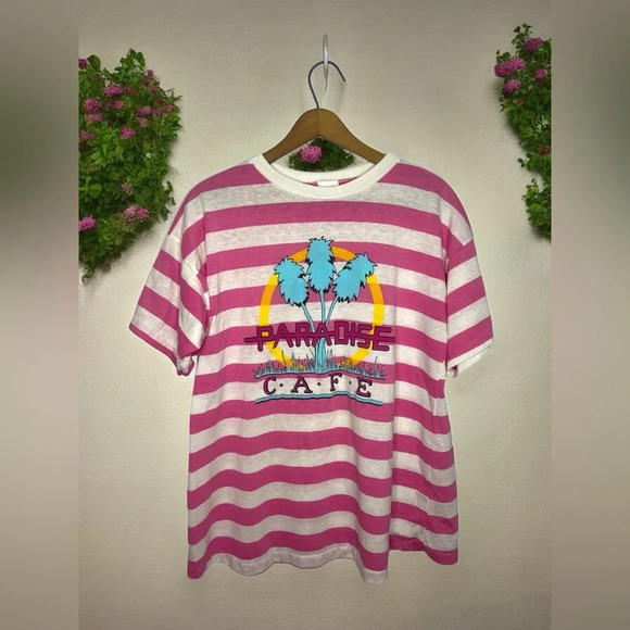 Single Stitch 80s 90s Vintage Paradise Cafe Striped Nautical Graphic T Shirt - Picture 1 of 11
